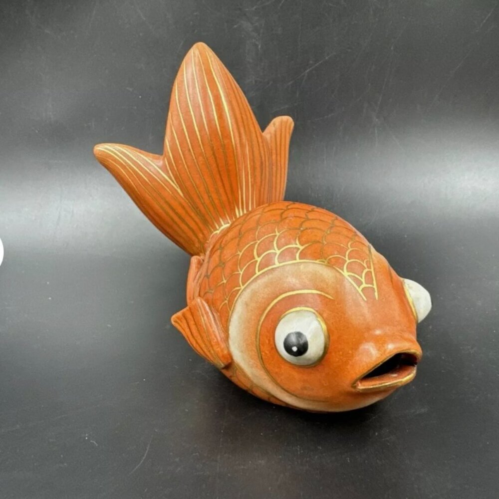 Vintage Japanese Kutani Lucky Goldfish Ceramic Figurines With Gold Accents